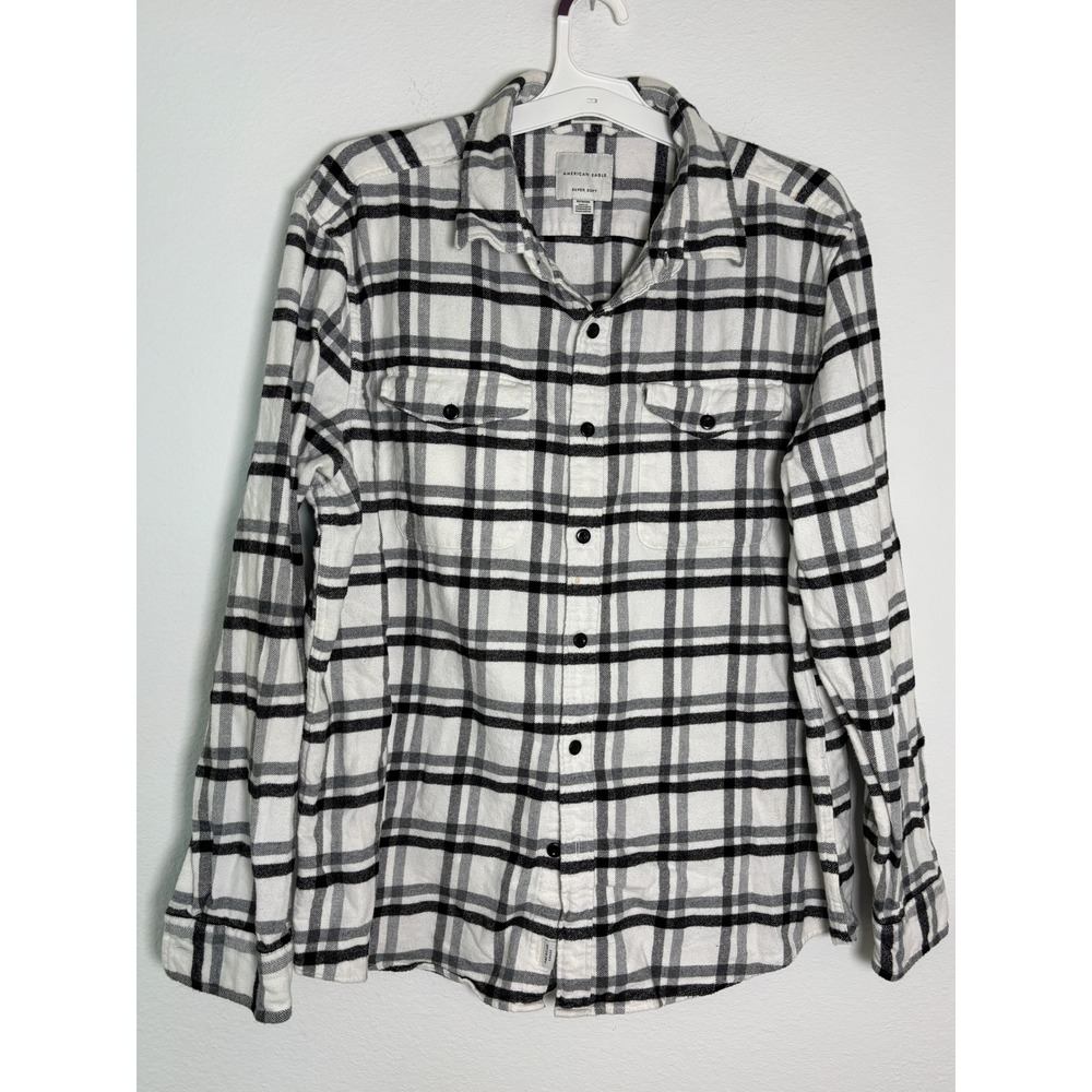 American Eagle‎ Super Soft Flannel Shirt Mens XL White Black Plaid Button Down